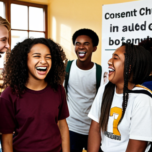 Home 11 **
A diverse group of young people laughing and talking openly, possibly in a school setting or at a community event, with posters about consent and healthy relationships in the background. The vibe is inclusive and positive.
**