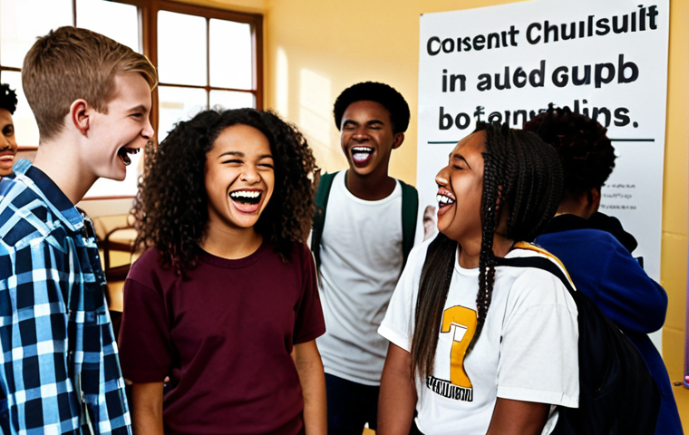 **
A diverse group of young people laughing and talking openly, possibly in a school setting or at a community event, with posters about consent and healthy relationships in the background. The vibe is inclusive and positive.
**