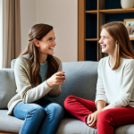 Family Communication**

"A family in a brightly lit living room, a mother and teenage daughter are sitting on a comfortable sofa, having a conversation, fully clothed, modest attire, safe for work, appropriate content, perfect anatomy, natural pose, professional photography, warm and inviting atmosphere, family-friendly."

**