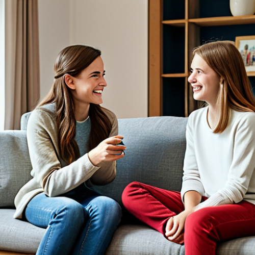 Home 7 Family Communication**
"A family in a brightly lit living room, a mother and teenage daughter are sitting on a comfortable sofa, having a conversation, fully clothed, modest attire, safe for work, appropriate content, perfect anatomy, natural pose, professional photography, warm and inviting atmosphere, family-friendly."
**