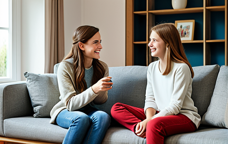 Family Communication**
"A family in a brightly lit living room, a mother and teenage daughter are sitting on a comfortable sofa, having a conversation, fully clothed, modest attire, safe for work, appropriate content, perfect anatomy, natural pose, professional photography, warm and inviting atmosphere, family-friendly."
**