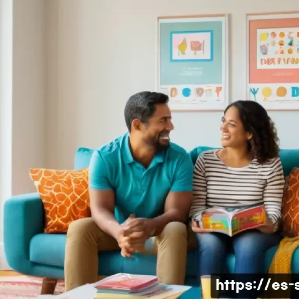 성교육과 아동 보호 - A warm, inviting family living room scene showing a Hispanic mother and father sitting on a cozy sof...