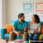 성교육과 아동 보호 - A warm, inviting family living room scene showing a Hispanic mother and father sitting on a cozy sof...