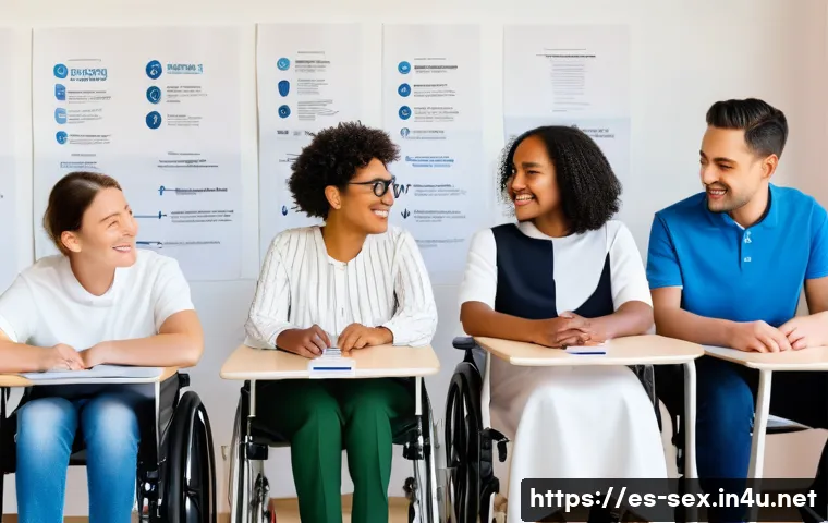 성교육과 장애인의 성 - A diverse group of people with different visible disabilities (including a person using a wheelchair...