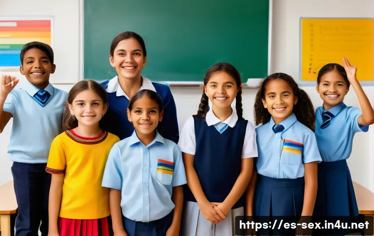 성교육과 성소수자 - A vibrant classroom scene in a Spanish-speaking country, featuring diverse children aged 6 to 12 eng...