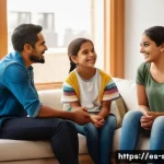 Home 22 성교육과 성평등 교육 - A warm and inviting family living room scene in a modern Hispanic household, featuring parents and c...