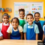 Home 20 성교육과 성별 역할 - A diverse group of young children in a vibrant Spanish classroom setting, happily engaging in variou...