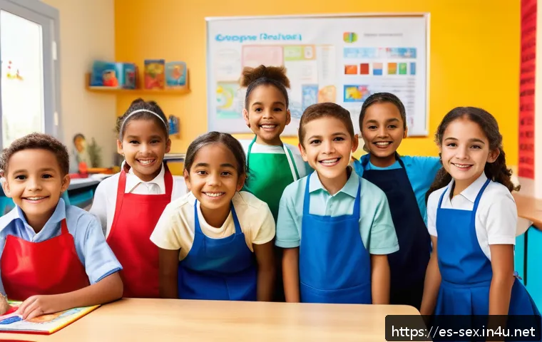 성교육과 성별 역할 - A diverse group of young children in a vibrant Spanish classroom setting, happily engaging in variou...