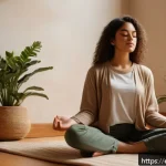 Home 19 성교육과 성적 욕구 조절법 - A serene young Hispanic woman practicing mindfulness meditation in a cozy, softly lit room decorated...