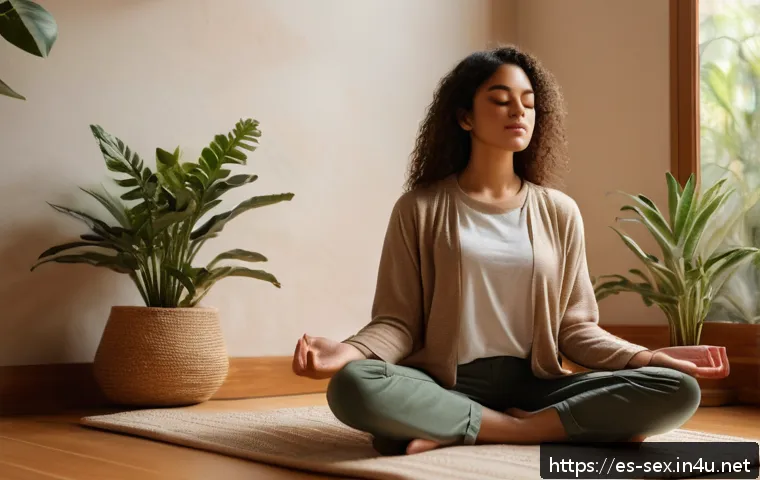 성교육과 성적 욕구 조절법 - A serene young Hispanic woman practicing mindfulness meditation in a cozy, softly lit room decorated...