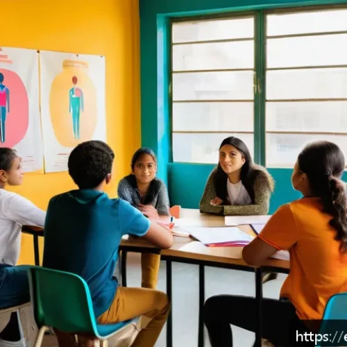 Home 17 성교육과 법적 보호 - A warm and inviting classroom scene in a Latin American community center where a diverse group of te...